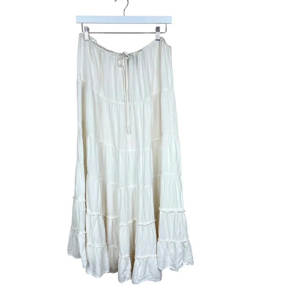 Vintage White Stag Skirt Sz XL Tiered Maxi Boho Peasant Cottage Festival Beaded